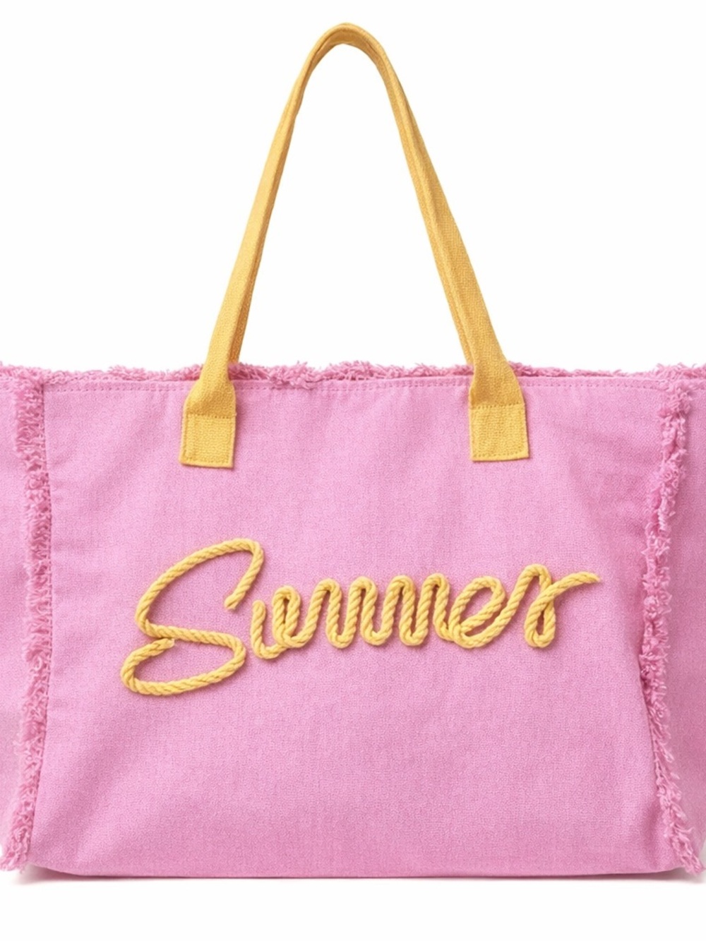 “Summer” Yellow Rope Embroidered Pink Tote Frayed Edge Beach Travel Everyday Bag